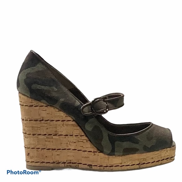Castaner Silvia Camo Print Cork Espadrille Peep Toe Mary Jane Strap Sz 7.5 - Picture 2 of 11
